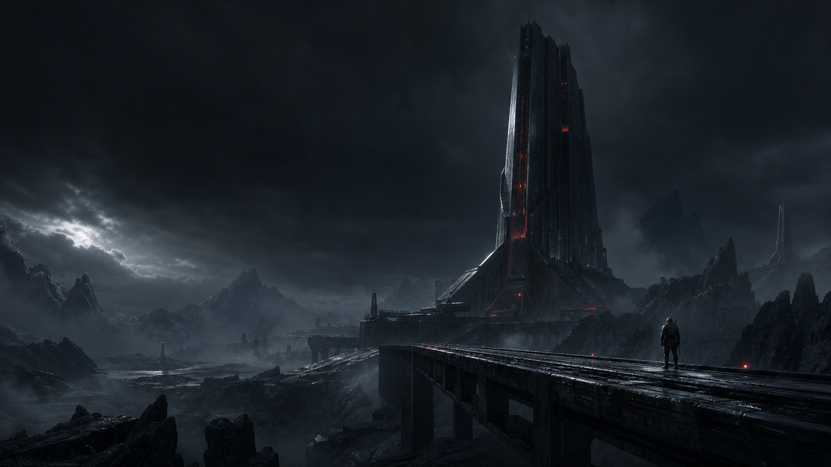 An original game-world scene of an explorer approaching an industrial monolith